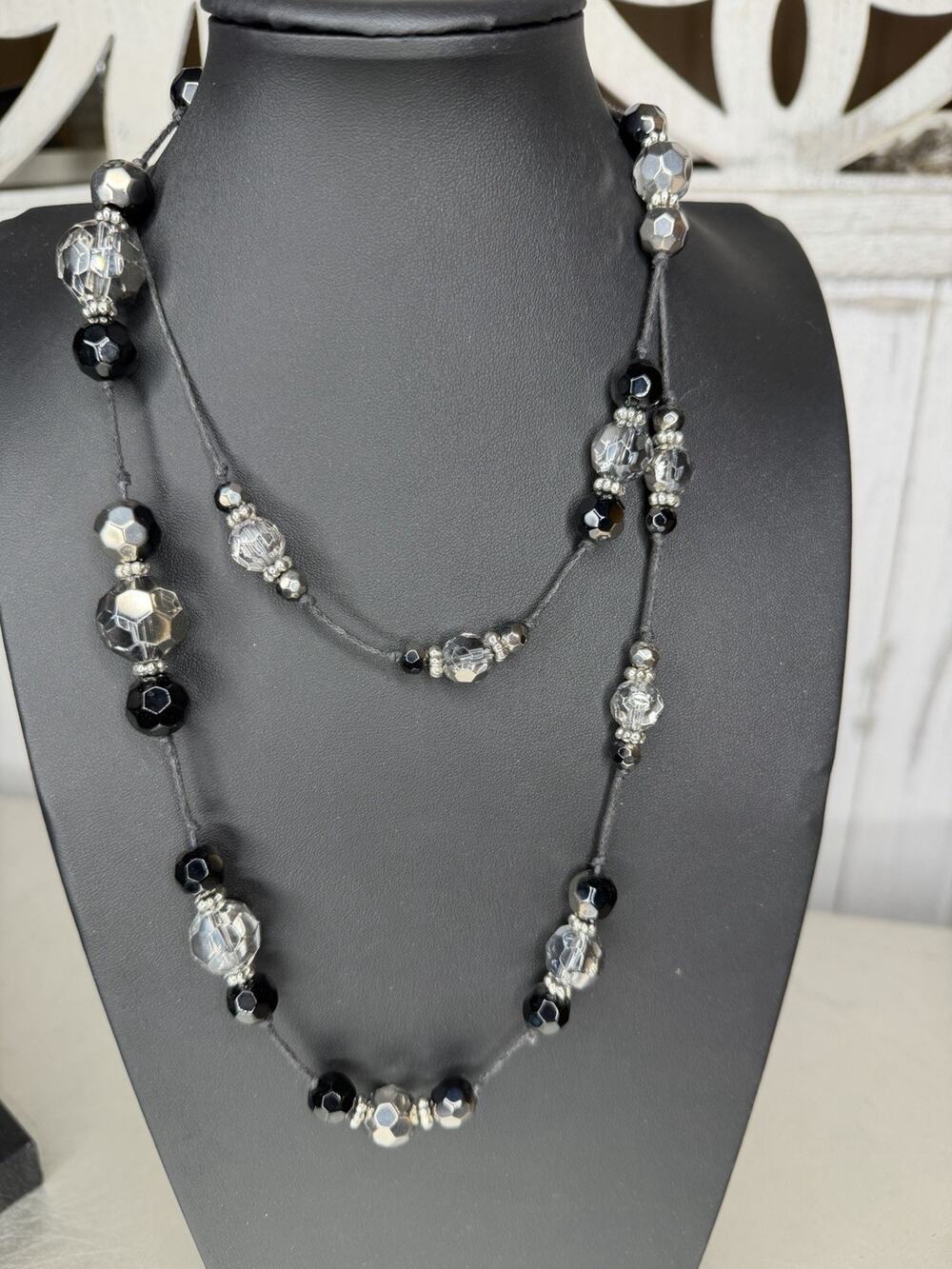 Beaded Station Chain Necklace Black Silver Statement Mid Century Modernist Boho